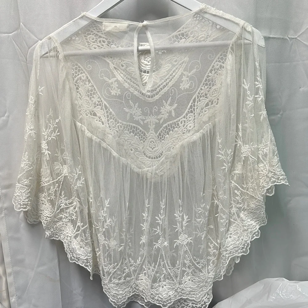 Cherry Pink Cream Lace Embroidered Pancho Style Sheer Blouse - Picture 3 of 8